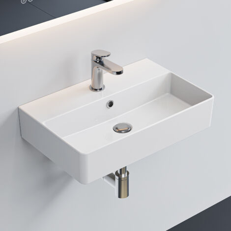 HOROW Waschbecken Wandmontage Waschtisch 56 x 36cm Keramik Hängewaschbecken Rechteckig Aufsatzwaschbecken mit Hahnloch und Überlauf für Klein Gäste WC