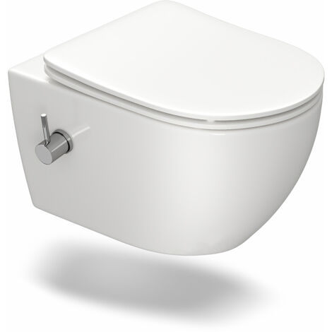 Horow – WC douche suspendu avec buse intégrée – Fonction bidet – Siège Soft Close – Céramique blanche – Dimensions 53x36x35 cm