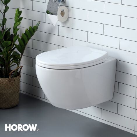 Horow – WC suspendu en céramique avec abattant à fermeture douce – Chasse d'eau Superspin monotrou – Revêtement nano – Dimensions 52 × 37 × 34,5 cm