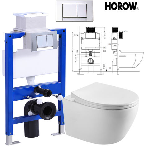 Horow – WC suspendu sans rebord – Élément mural 82cm – Abattant soft-close amovible – Rinçage technologie Tornado – Céramique blanche