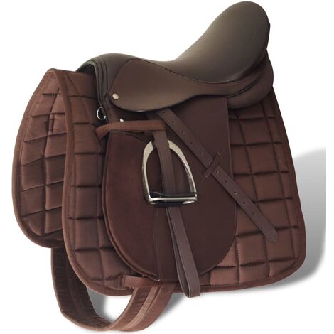 Horse Riding Saddle Set 16" Real Leather Brown 14 cm 5-in-1 - Brown