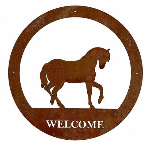 Horse Welcome Wall Art - Small - Steel - W29.5 x H29.5 cm - Bare Metal/Ready to Rust