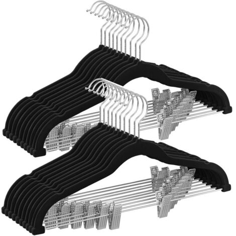 Hosenbügel, 20er-Pack, Samt, 42,5 cm lang, mit verstellbaren Clips, rutschfest, platzsparend, für Hosen, Mäntel und Kleider, Schwarz