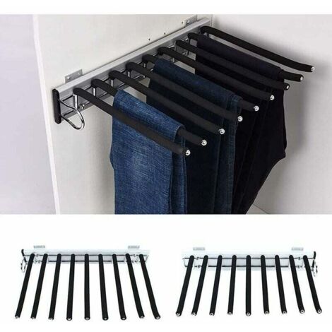 Hosenhalter mit 9 Armen für den Kleiderschrank – Kleiderstange aus Edelstahl – Ausziehbare Stange für Hosen, Handtücher, Krawatten – Maße: 32,6 cm x 46 cm (Standardmodell 072B, links)