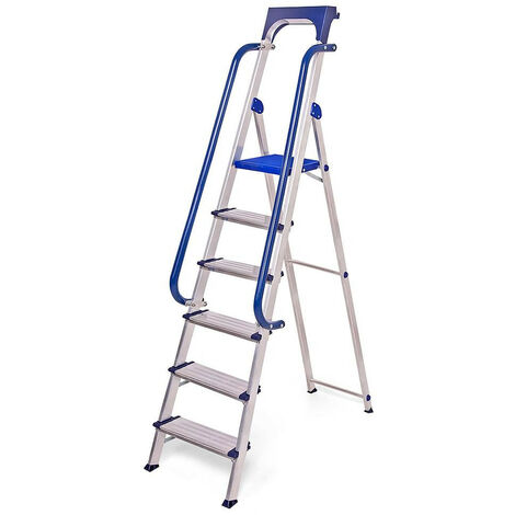 Hoström – Escabeau 6 marches aluminium renforcé – Hauteur de travail 335 cm – Charge max 150 kg – Rampes de sécurité amovibles – Garantie 5 ans