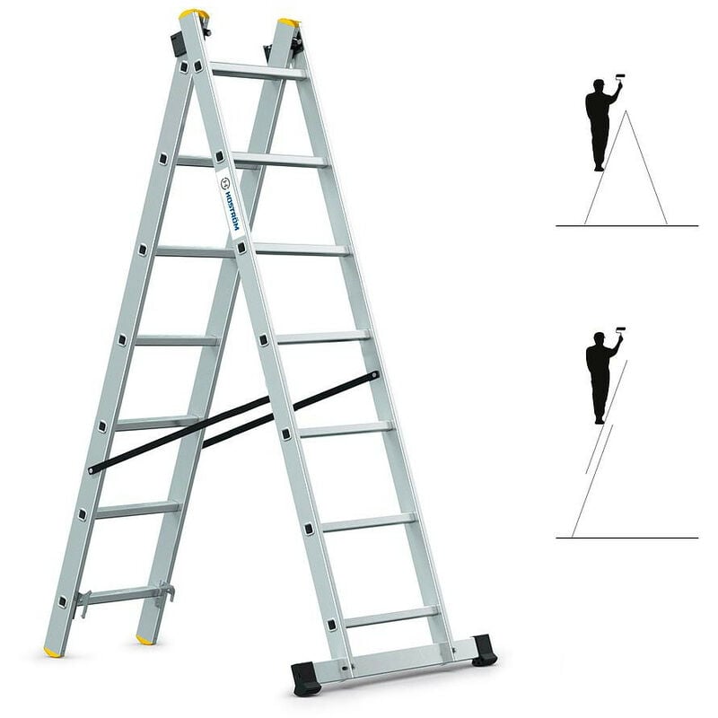 Hoström - Echelle transformable 2 plans StablePro 2x7 marches aluminium extensible coulissante, 3 positions, hauteur travail max 4,25m, garantie 5