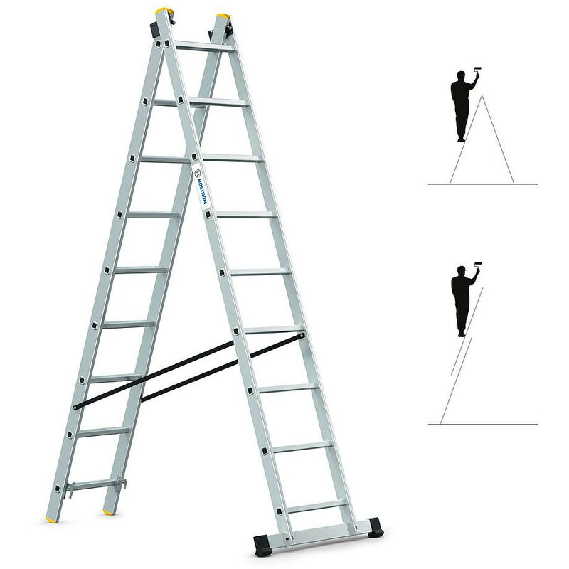 Echelle transformable 2 plans StablePro 2x9 marches aluminium extensible coulissante, 3 positions, hauteur travail max 5,02m, garantie 5 ans, Hostrom