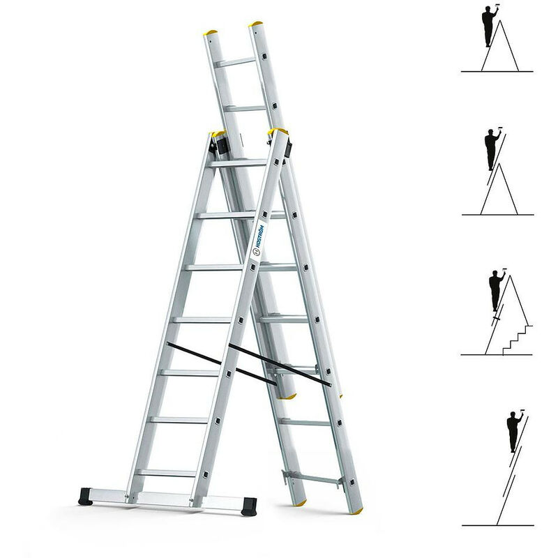 Echelle transformable 3 plans StablePro 3x7 marches aluminium extensible coulissante, 6 positions, hauteur travail max 5,00m, garantie 5 ans, Hostrom