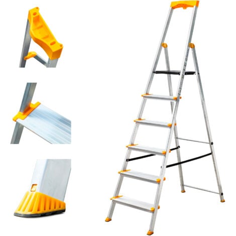 HOSTRÖM HOSTROM Escabeau 6 marches en aluminium, Escabeau pliable sécurisé, Porte-Outils, Marches extra-large 12cm, Usage Domestique et Pro, Garantie 5 ans