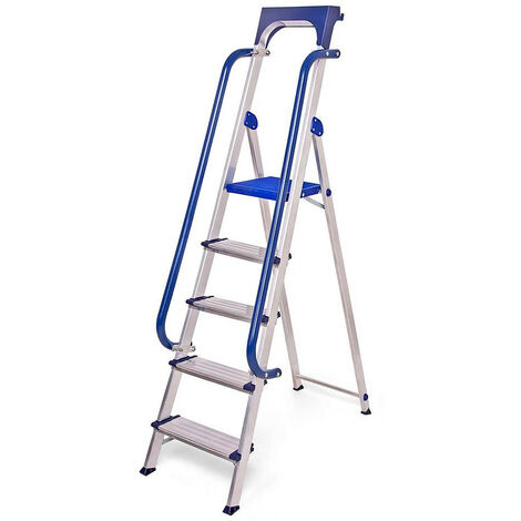 Hostrom - Escabeau Secure 5 marches robuste en aluminium renforcé, avec rampes de sécurité et tablette porte-outils amovible, hauteur de plateforme 112cm, charge maximale 150kg