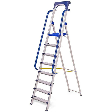 Hostrom - Escabeau Secure 8 marches robuste en aluminium renforcé, avec rampes de sécurité et tablette porte-outils amovible, hauteur de plateforme 182cm, charge maximale 150kg