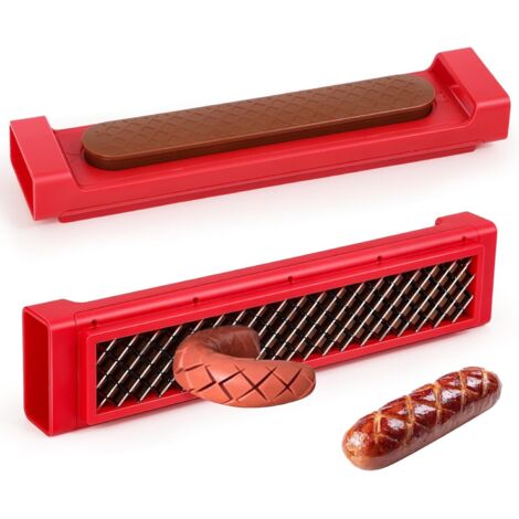 Hot-Dog-Schneider – Ausklappbarer Hot-Dog-Schneider mit gekreuzten Edelstahlklingen, geeignet zum Kochen, Grillen, für Picknicks, Camping und Grillpartys im Garten – 28 cm – Rot