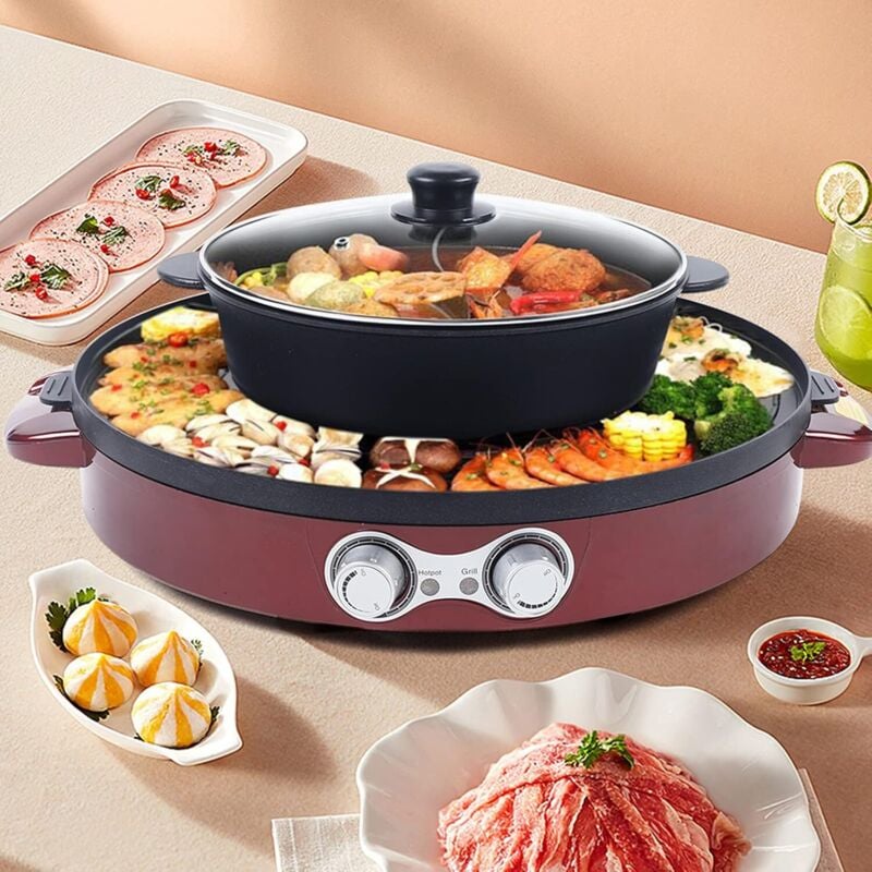 Hot Pot bbq électrique 2 en 1 multifonction - Casserole électrique portable sans fumée - 2200 w - Pour la maison, l'intérieur - Sans fumée - Double