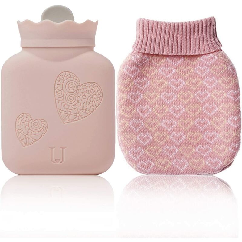 Hot Water Bottle with Cover, Silicone Hot Water Bag for Pain Relief, Cramps, Back, Neck, Feet, Menstrual Cramps (Pink, Short)