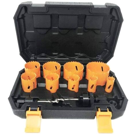 HOTECHE kit 12 piezas 9  coronas bimetal 19/64 mm , Set de 12 piezas de sierras bimetálicas Incluye coronas de: 19mm, 22mm, 29mm, 35mm, 38mm, 44mm, 51mm, 57mm, 64mm Acero d