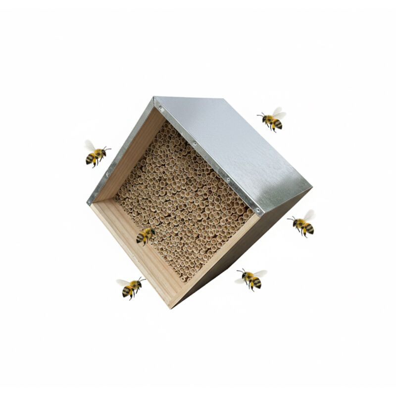 Relaxdays Hôtel à abeilles en bois, toit métal galvanisé, tubes de roseau, jardin, à suspendre, naturel/argent