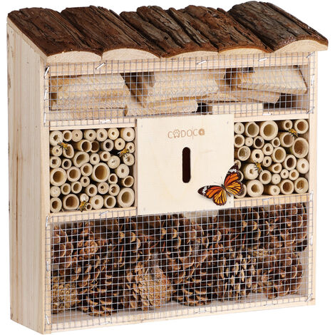 Hôtel à insectes en bois naturel 30,5x31 cm – Nichoir pour abeilles et pollinisateurs – Matériaux durables – Installation en extérieur – Cadoca