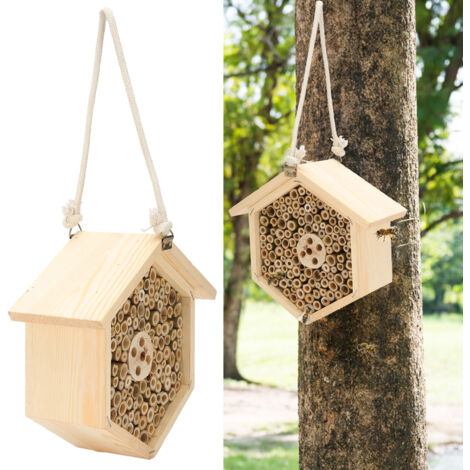 【Hotel para insectos】 Casa decorativa colgante de madera para abejas con postes de bambú (19,8 x 18,5 x 8,6 cm) – Artículos de jardinería