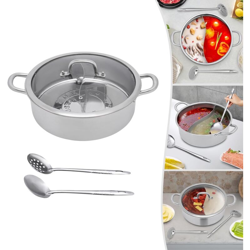 Hotpot Cuisinière en acier inoxydable 304 avec cuillère, cuillère à lécher et couvercle, poêle à chaud divisée avec couvercle de séparation pour