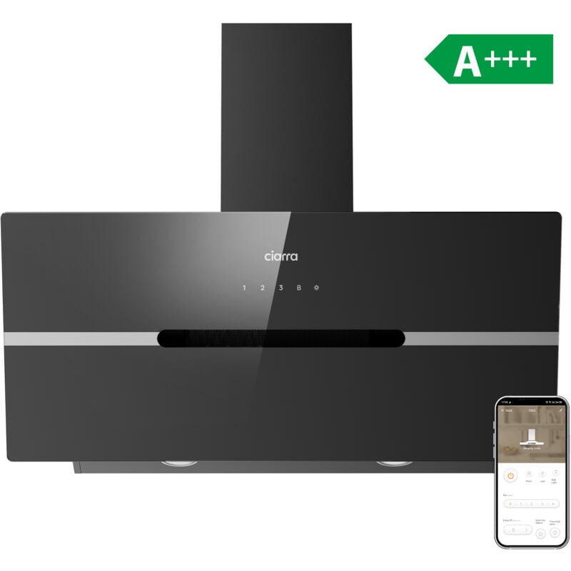 Ciarra - Hotte Aspirante Inclinée 90cm Wi-fi Connectée 650m3/h Booster Filtres inclus Hotte de cuisine Tactile Noir CD9736FB