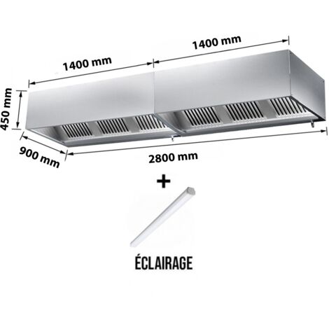 Hotte caisson sans moteur 2800x900x450 mm avec éclairage, filtre et robinet de vidange PREMIUM - GOLDINOX