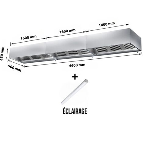 Hotte caisson sans moteur 4600x900x450 mm avec éclairage, filtre et robinet de vidange PREMIUM - GOLDINOX