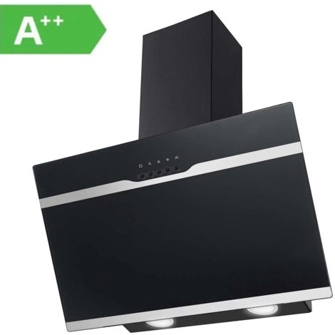 Hotte décorative inclinée 60 cm – Débit d'air 350 m³/h – 3 vitesses – Classe A++ – Niveau sonore 56 dB – Évacuation ou recyclage