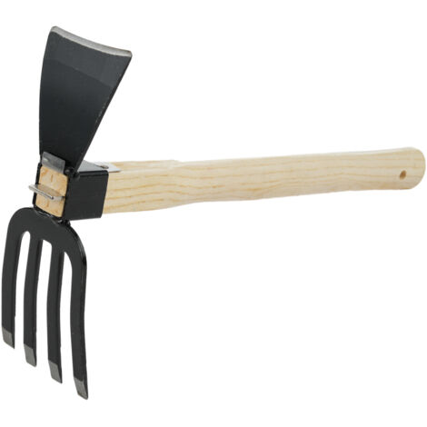 Houe à double usage avec manche court en bois, outil de jardin portatif 2 en 1 râteau et houe, idéal pour ameublir ou désherber le sol.
