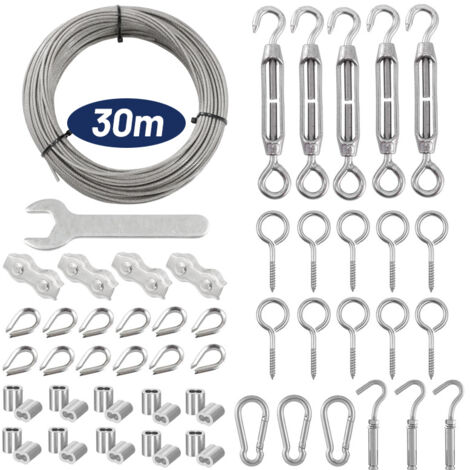 Houhence – Lot de 59 cordes en acier inoxydable 304 de 30 m – Résistant à la corrosion – Avec œillets et accessoires pour installation facile