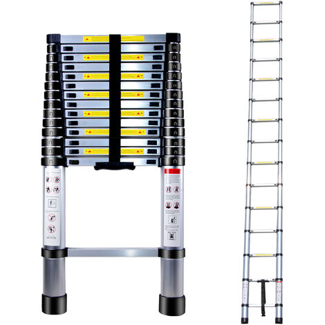 Household single-sided telescopic ladder extendable heavy duty ladder indoor/outdoor portable extension ladder anti-slip safety locking tall loft ladder 4.4M - Silver
