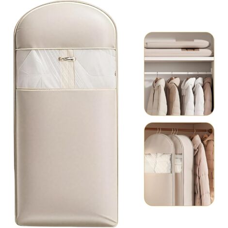 Housse à vêtements 130 cm beige, suspendue avec fermeture éclair auto-compressante – Organisateur gain de place pour doudounes, vestes, costumes, manteaux – Housse anti-poussière pour armoire