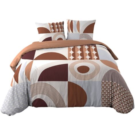 Housse couette + 2 taies 220 x 240 cm Motif géométrique terracotta