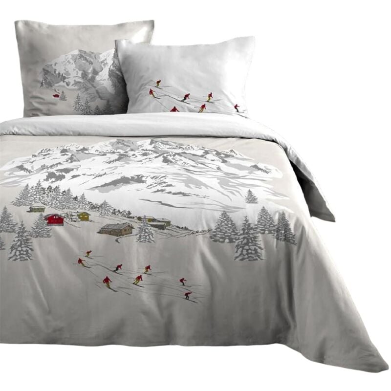 Housse couette + 2 taies percale de coton 220 x 240 cm Station de ski