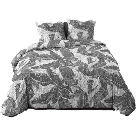 1001KDO Housse couette + taies microfibre 220 x 240 cm Tropic feuillage gris