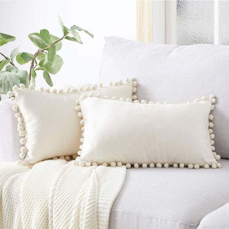 Housse Coussin 30x50 cm Blanc Moutarde Decoration Salon Maison Scandinave Lot de 2 Protege Oreiller Velours Doux Double Face Rectangulaire à Couleur Uni pour Coussin Fauteuil Bureau