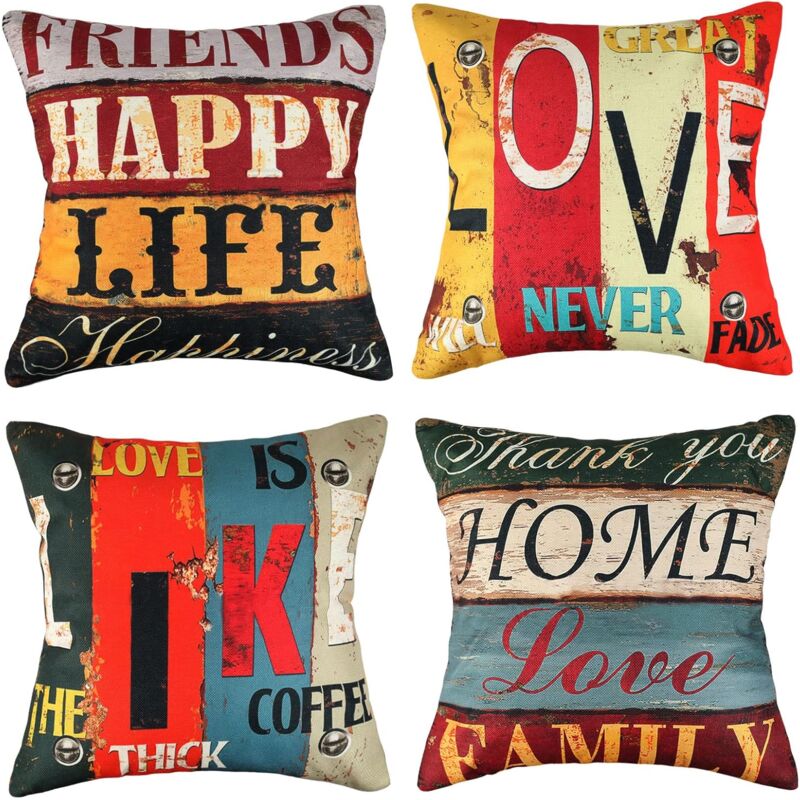 Housse Coussin 45 x 45 cm Taie d'oreiller Lin Rétro Coussin Love Home Carré Housse de Coussin Rayé Taie d'oreiller pour La Maison Salon Canapé