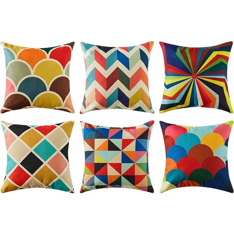 Housse Coussin 45x45 cm Canape Salon de Jardin Extérieur Décoration Scandinave 6 Pièces Coton Lin Lot de Taie d'Oreiller Carré Chambre Enfant Chaise Tonnelle Design Imprimé Geometrique Coloré