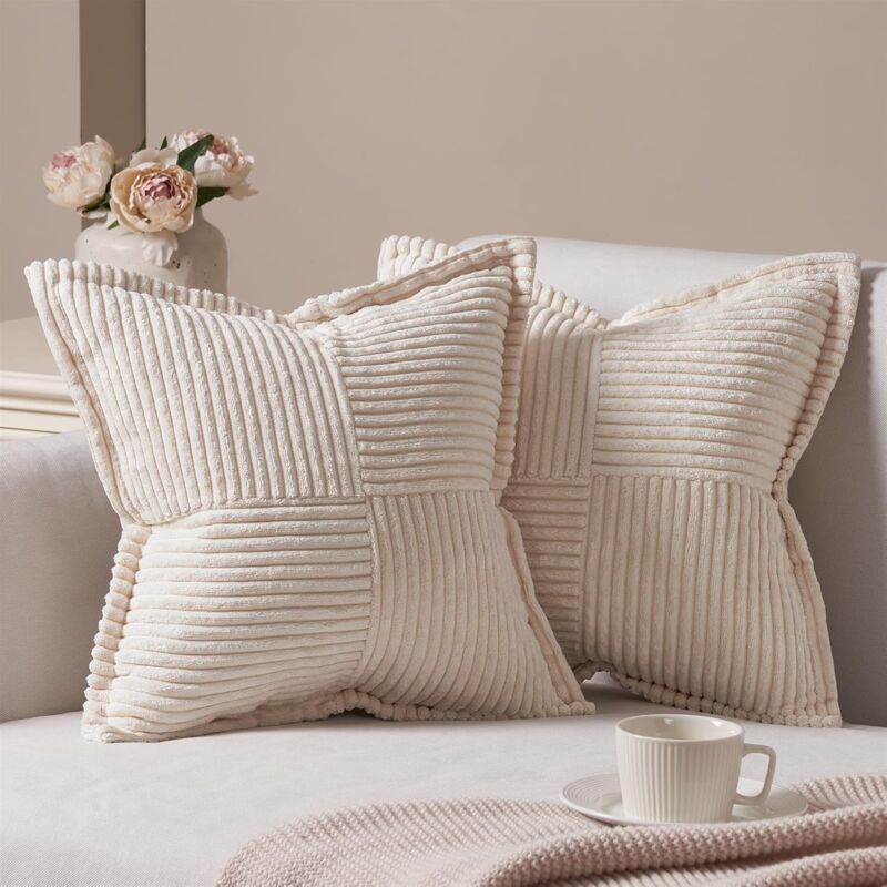 Csparkv - Housse Coussin Canapé 45x45 Taie Oreiller Lot de 2 en Velours Côtelé Beige à Motif Croisé Decoration Chambre Salon de Jardin Fauteuil