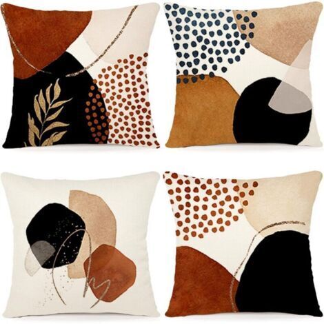 Housse Coussin Lin 40 x 40 cm, Motif Boho Abstrait, 4 Pièces
