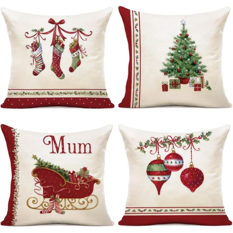 Housse Coussin Noel 45x45 Lot de 4 Housse Coussin 45x45 père Noël Wapiti Coton et Lin Décoratif Taie d'oreiller pour Decoration Noel 45 x 45 cm