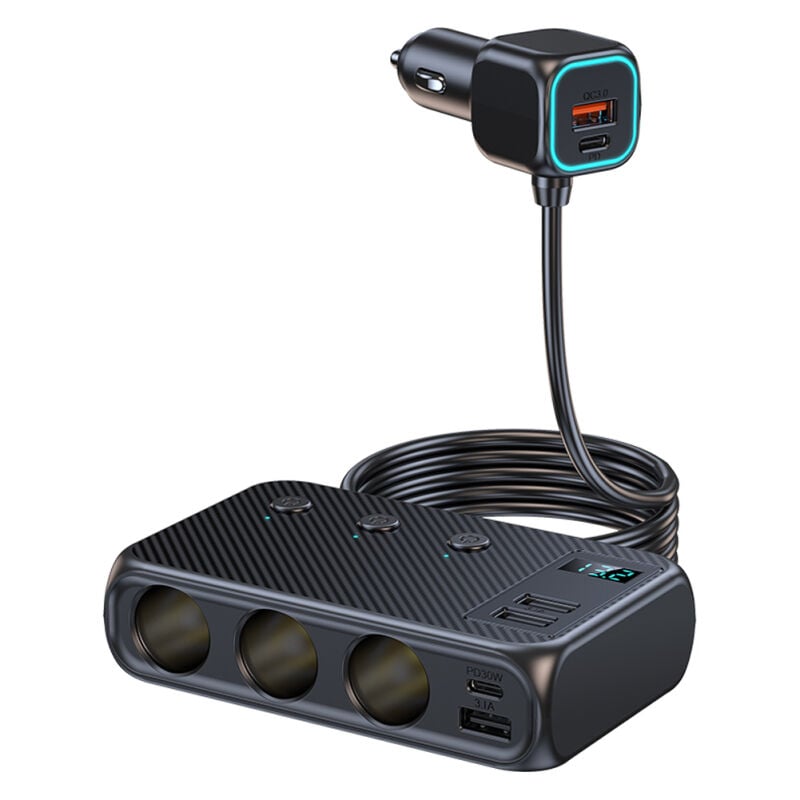 LIFCAUSAL Adaptateur de charge rapide 171W PD+QC3.0 avec triple prise, 6 ports USB, affichage de tension et interrupteur pour voiture/camion/SUV