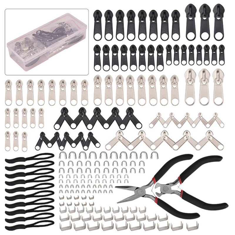 LIFCAUSAL Kit de Réparation Fermetures Éclair 194 Pièces en Alliage Zinc Boîte Complète avec 2 Pinces pour Sacs Voyage, Tentes et Vêtements