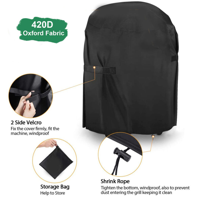 Housse de barbecue ronde imperméable en tissu Oxford 420D, coupe-vent, anti-UV, avec poignées (71 x 68 cm) - Noir