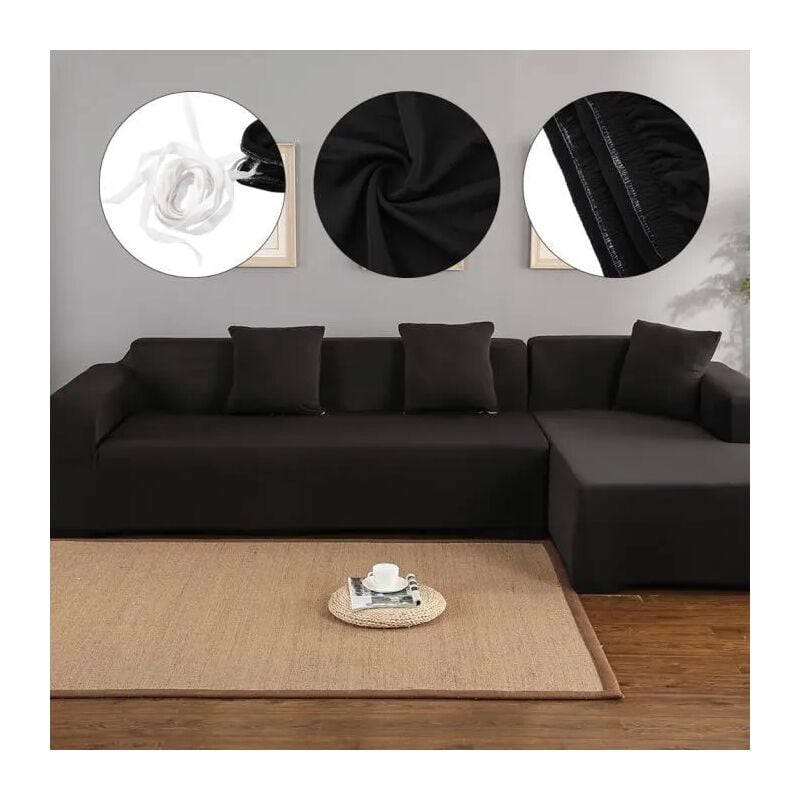 L&h-cfcahl - Housse de canapé de protection 3 +2 places en l d'angle en polyester pour meubles de maison douce luxueuse noir confortable et résistant