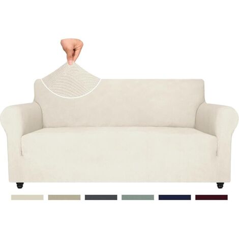 Housse de Canapé 3 Places avec Accoudoirs, Housse Canapé Extensible, Protection Canape Chien, Universelle Hiver Sofa Cover, Antidérapante Housses de Canapé, Crème