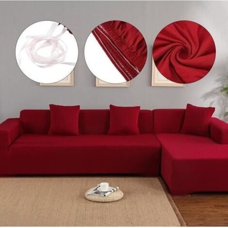 Housse de Canapé de Protection 3+2 Places en L d\'Angle en Polyester Couverture Élastique de Sofa pour Meubles de Maison Rouge Vineux