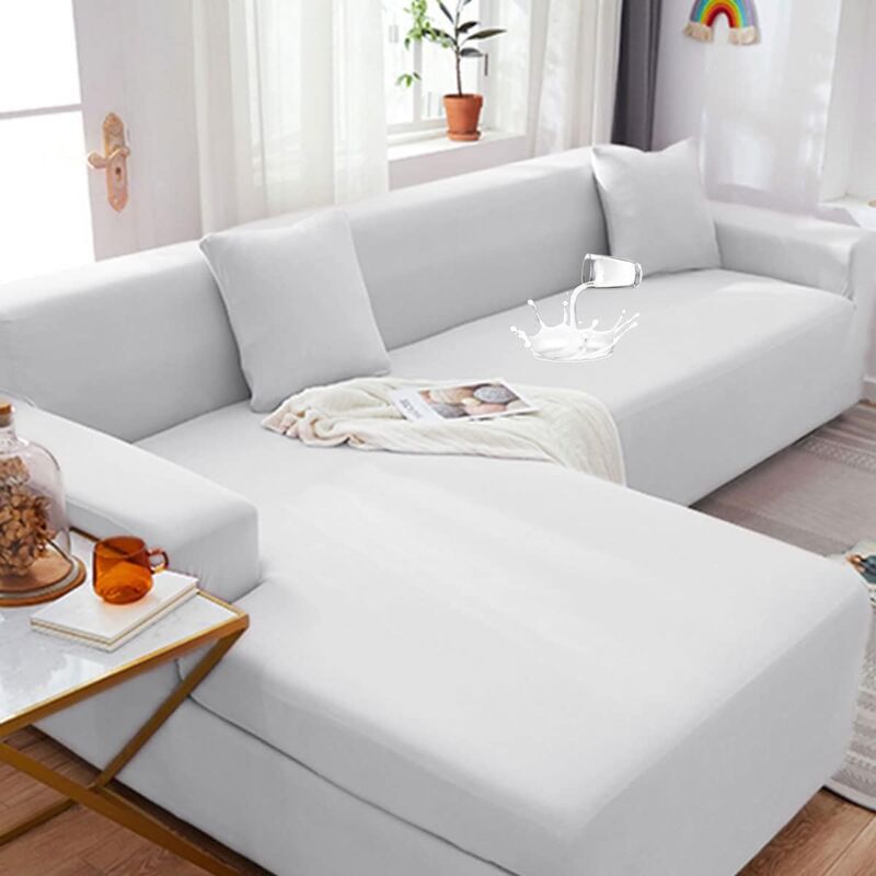Housse de canapé élastique imperméable pour canapé sectionnel en forme de L, tissu polyester doux en soie de laiteux extensible avec taies