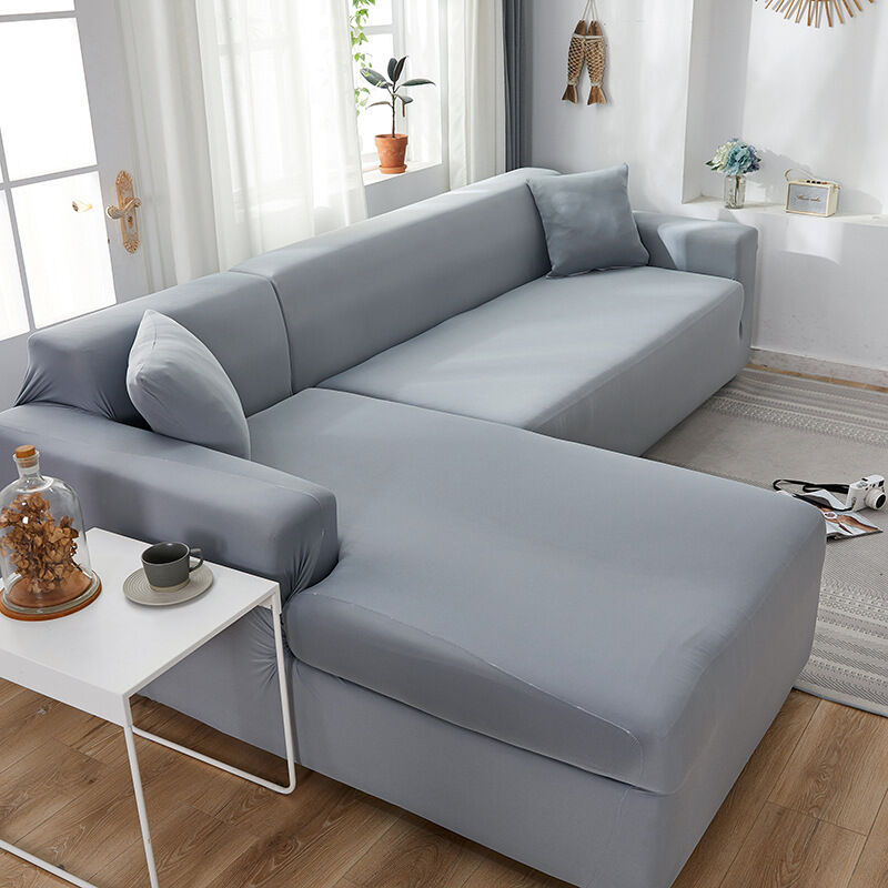 Lifcausal - Housse de canapé extensible de couleur unie, housse de coussin pour canapé trois personnes, tissu antidérapant, cuir, couleur unie, gris