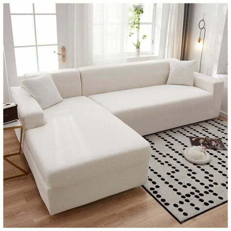 Housse de canapé extensible Housses de canapé en polyester Housses de canapé élastiques pour canapé en forme de L, Blanc, 3 places (190-230cm)