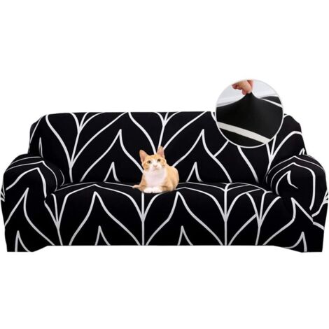 Housse de canapé extensible pour 4 places, élastique universelle avec accoudoirs, design moderne à lignes noires, protection anti-usure pour canapé